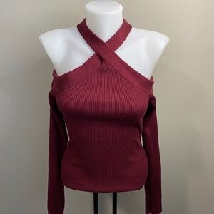 Guess Long Sleeve Women's Crossover Open Shoulder Burgundy Sweater Size Large